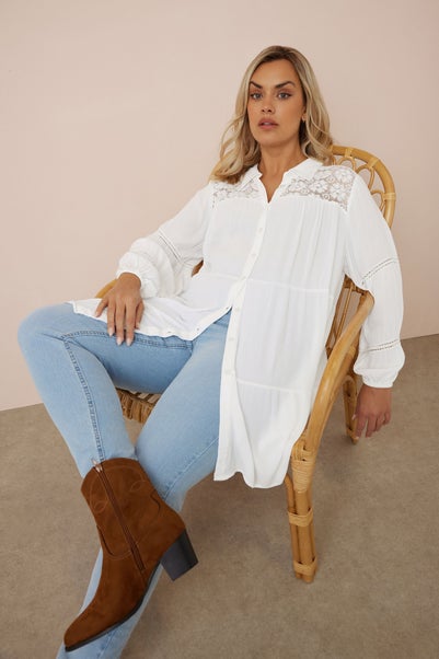 Yours Curve White Tiered Crochet Detail Shirt