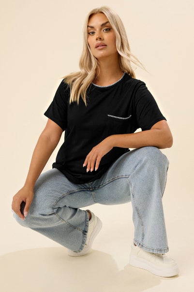 Yours Curve Black Contrast Stitch Pocket Heavyweight T Shirt