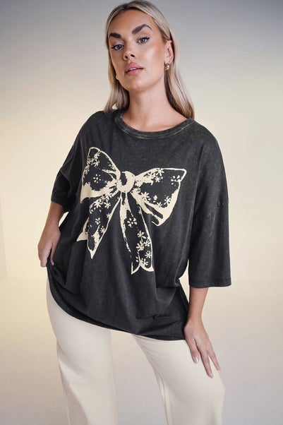 Yours Curve Black Acid Wash Boxy Bow Graphic Print T Shirt