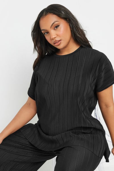 Yours Curve Black Plisse Top