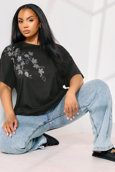 Yours Curve Black Floral Oversized Sequin Top