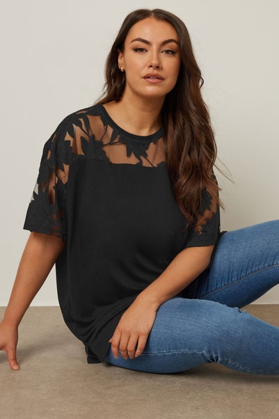Yours Curve Black Floral Burnout Boxy T Shirt