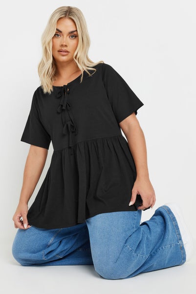 Yours Curve Black Bow Tie Front Peplum Top