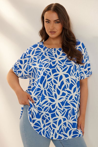 Yours Curve Blue Abstract Floral Print Boxy Short Sleeve Blouse