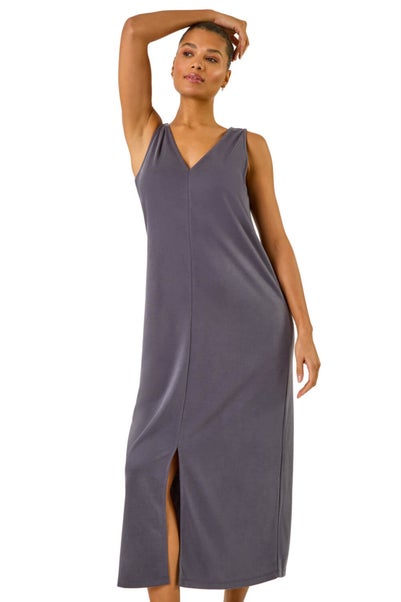 Roman Grey Soft Pique Stretch Midi Dress