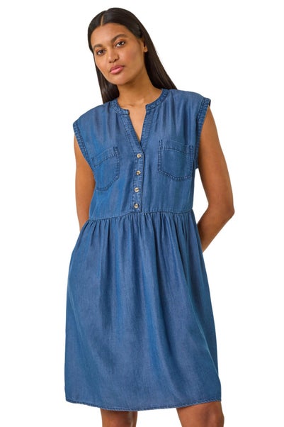 Roman Denim Button Detail Gathered Dress