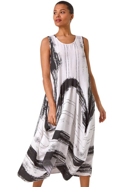Roman White Abstract Print Bubble Midi Dress