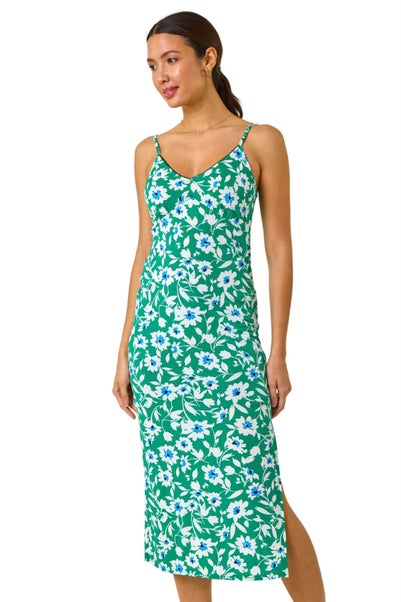 Roman Green Floral Strappy Stretch Midi Dress
