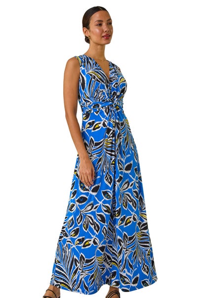 Roman Blue Leaf Puff Print Maxi Dress