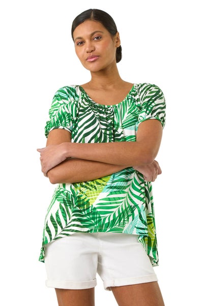 Roman Green Leaf Asymmetric Stretch Tunic Top