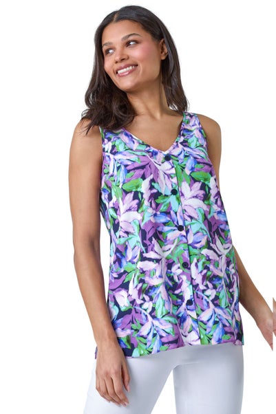 Roman Purple Sleeveless V Neck Leaf Print Button Cami Top