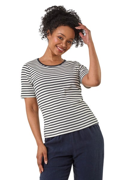 Roman Navy Petite Stripe Short Sleeve Stretch Top