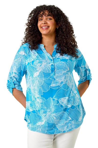 Roman Turquoise Curve Textured Floral Print V Neck Shirt