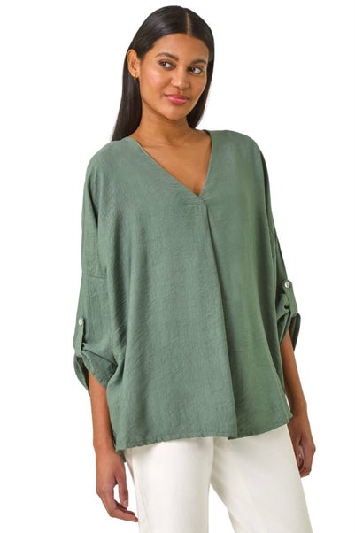 Roman Khaki Pleated V Neck Stretch Tunic Top