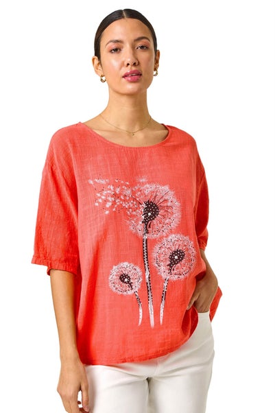Roman Coral Dandelion Hotfix Tunic Top