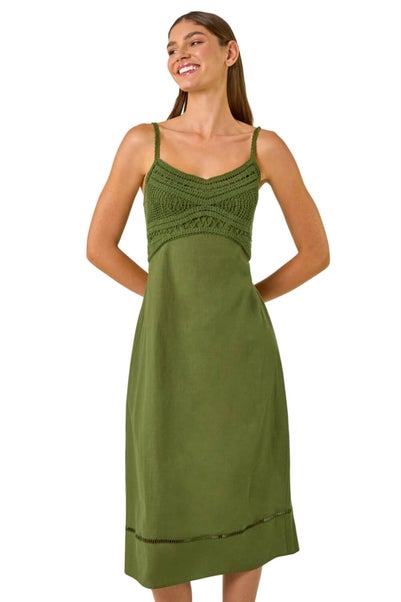Roman Khaki Lace Panel Strappy Midi Dress