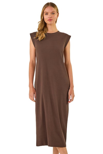 Roman Chocolate Ribbed Cap Sleeve Midi Dress