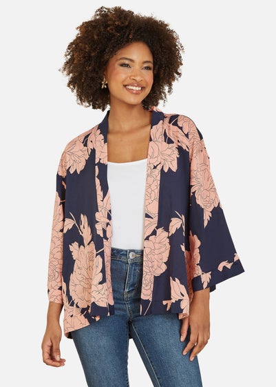 Yumi Navy Blossom Print Kimono