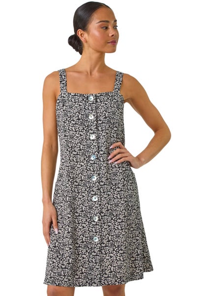 Roman Black Petite Floral Ditsy Button Dress