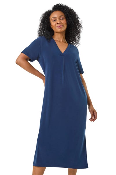 Roman Navy Petite V Neck Stretch Midi Dress