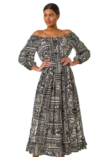 Roman Black Abstract Print Shirred Midi Dress