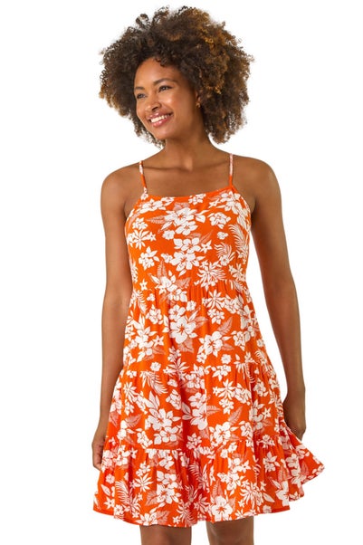 Roman Orange Floral Print Strappy Sundress