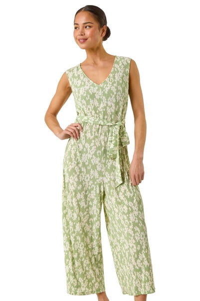 Roman Sage Petite Floral Crinkle Crop Jumpsuit