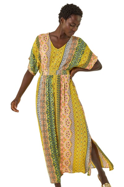 Roman Yellow Boho Stripe V Neck Maxi Dress
