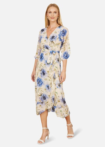 Yumi Cream Vintage Floral Wrap Midi Dress With Frill