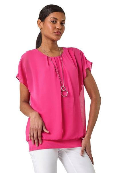 Roman Candy Pink Chiffon Jersey Blouson Top With Necklace