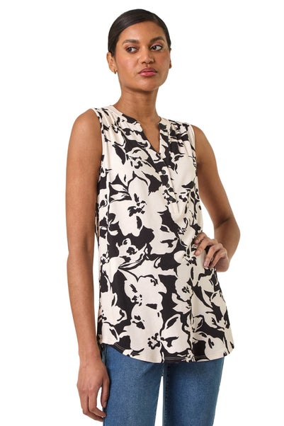 Roman Black Floral Print V Neck Vest Top