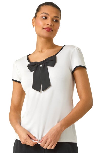 Roman Ivory Bow Front Stretch Top