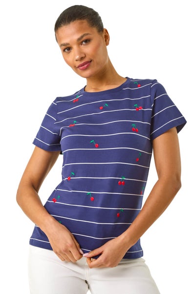 Roman Navy Embroidered Cherry Cotton Tee