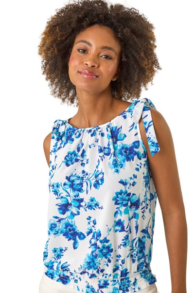 Roman Blue Floral Print Bow Detail Stretch Top