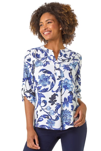 Roman Blue Floral Print Gathered Blouse