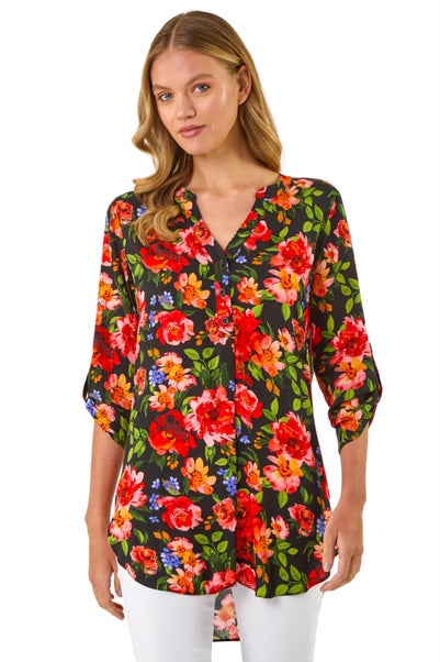 Roman Red Floral Longline Button Top