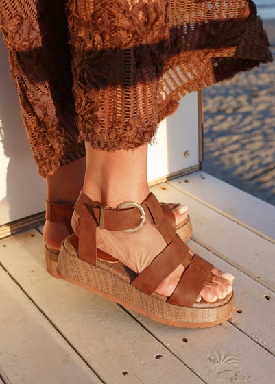 Linzi Tori Tan Faux Leather Gladiator Flatform Sandals