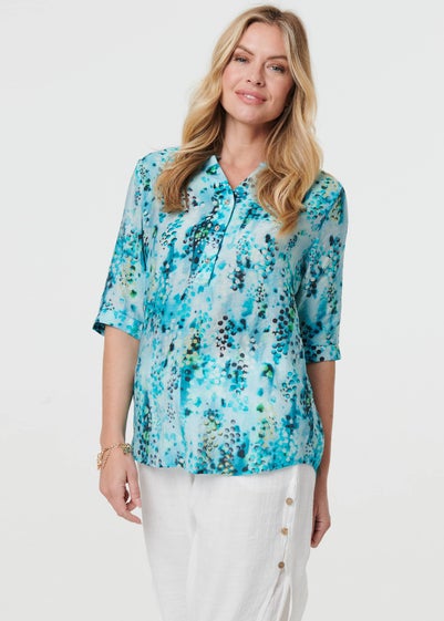 Izabel London Turquoise Printed 3/4 Sleeve Relaxed V-Neck Blouse