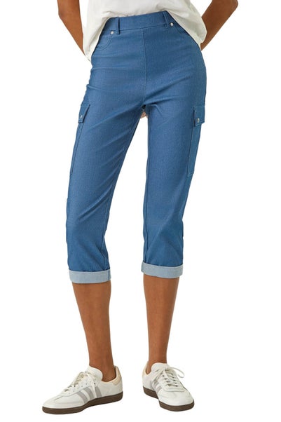Roman Denim Turn Up Stretch Cropped Cargo Trousers