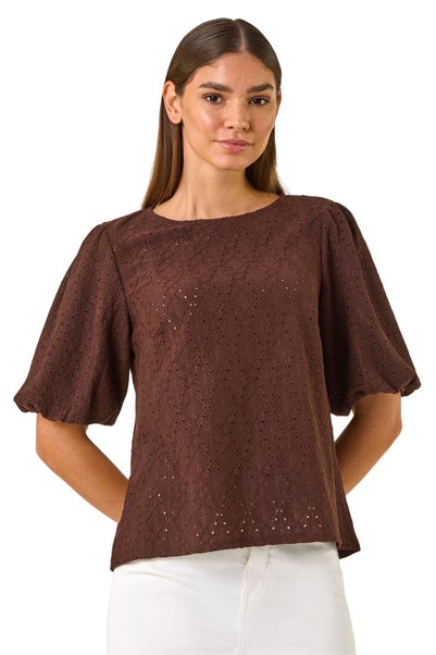 Roman Chocolate Broderie Puff Sleeve Top