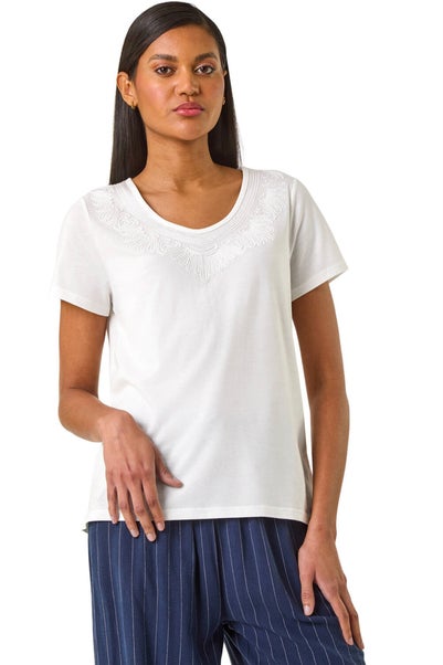 Roman Ivory Cotton Embroidery V-Neck T-Shirt