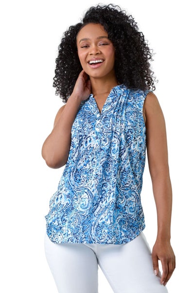 Roman Blue Petite Paisley Pleat Front Button Top