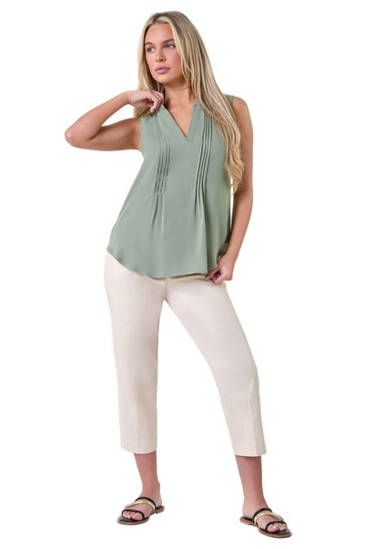 Roman Khaki Petite Sleeveless Pleat Detail Top