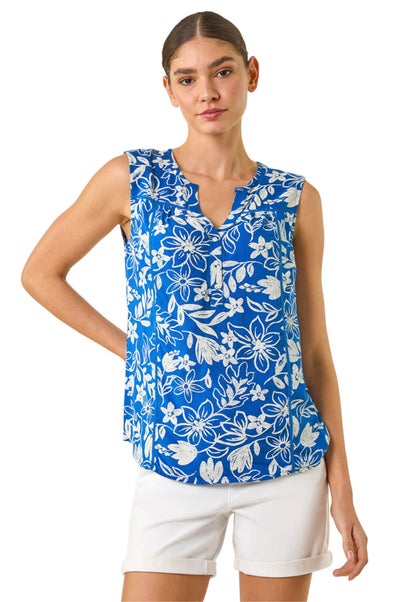Roman Blue Floral Print V-Neck Vest Top
