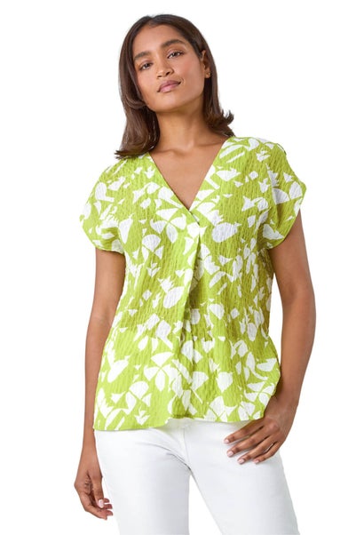 Roman Lime Geometric Crinkle Textured  V-Neck Top