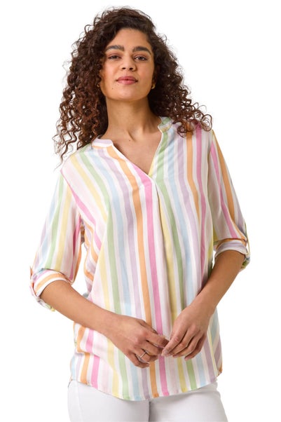 Roman Pink Stripe Print Pleat Detail Tunic Top