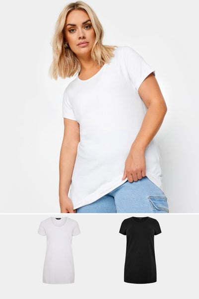 Yours Curve 2 Pack Black & White Longline T Shirts