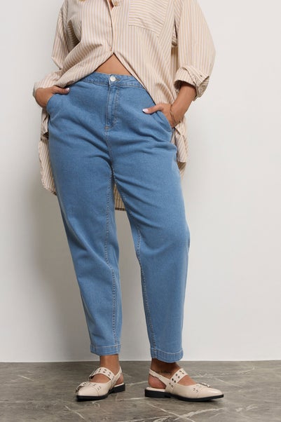 Yours Curve Mid Blue Stretch Denim Barrel Jeans