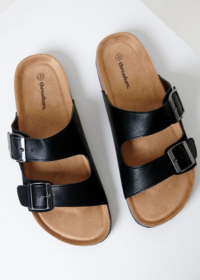 Threadbare Black Slip On Two Buckle Strap Sandals