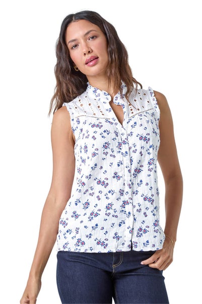 Roman Blue Cotton Embroidered V-Neck Floral Blouse